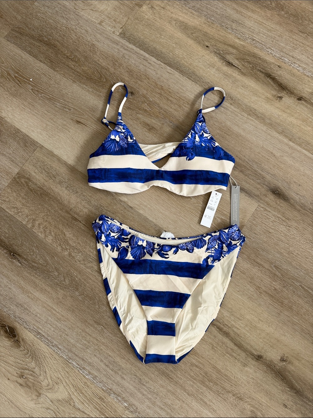 J. Crew Blue and White Striped Floral Bikini Two-Piece